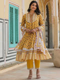 Juniper Women's Mustard Cotton Voile Floral Printed Kurta With Cambric Straight Pant And Voile Duptta | Grocsy