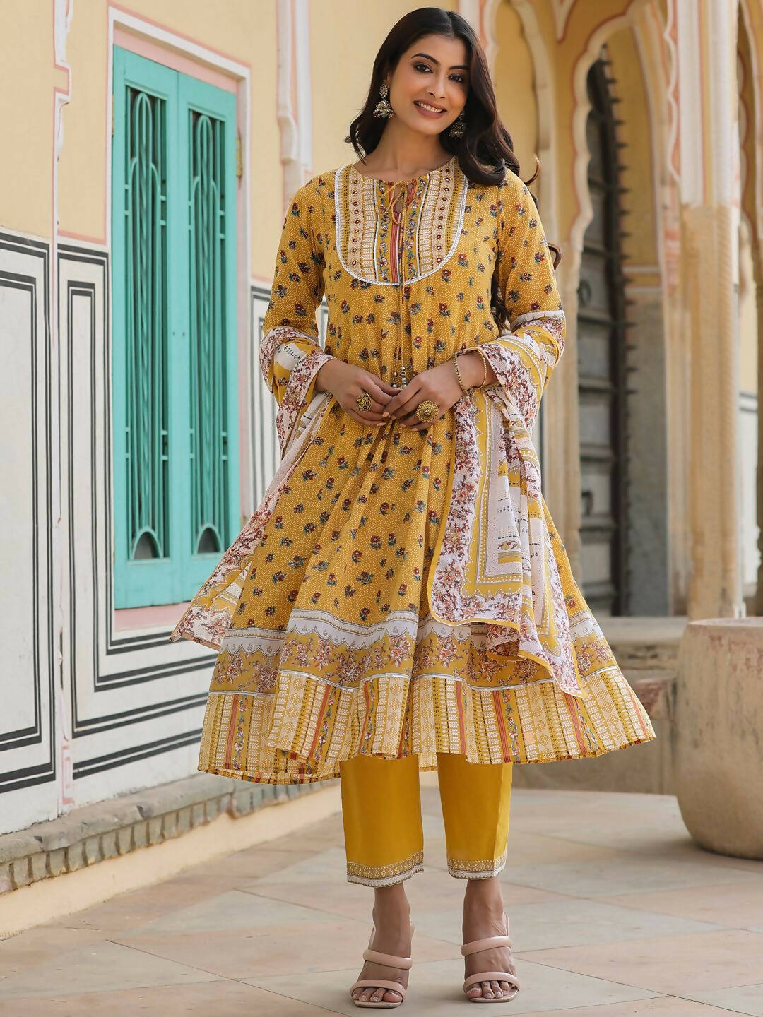 Juniper Women's Mustard Cotton Voile Floral Printed Kurta With Cambric Straight Pant And Voile Duptta | Grocsy