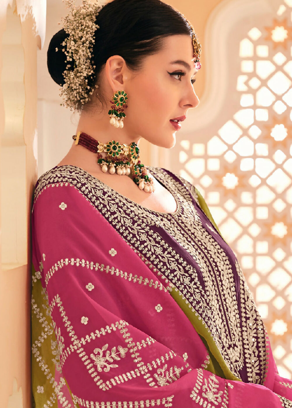 Dazzling Wine Embroidered Chinnon Palazzo Salwar Kurta - Emponline | Grocsy