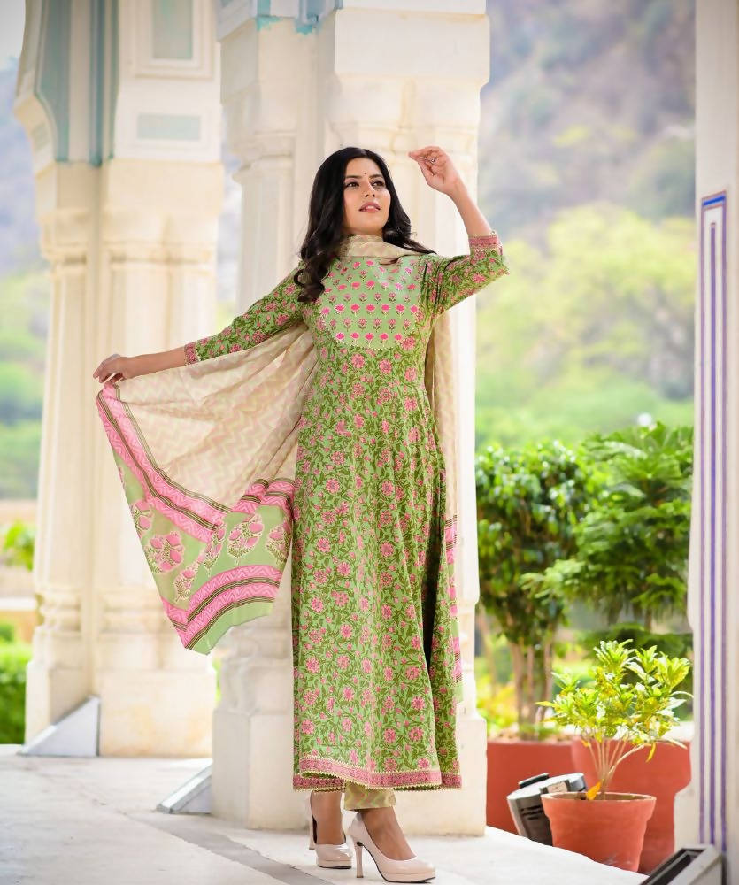 Yufta Women Green Floral Printed Pure Cotton Anarkali Kurta with Trouser and Dupatta | Grocsy