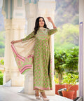 Yufta Women Green Floral Printed Pure Cotton Anarkali Kurta with Trouser and Dupatta | Grocsy