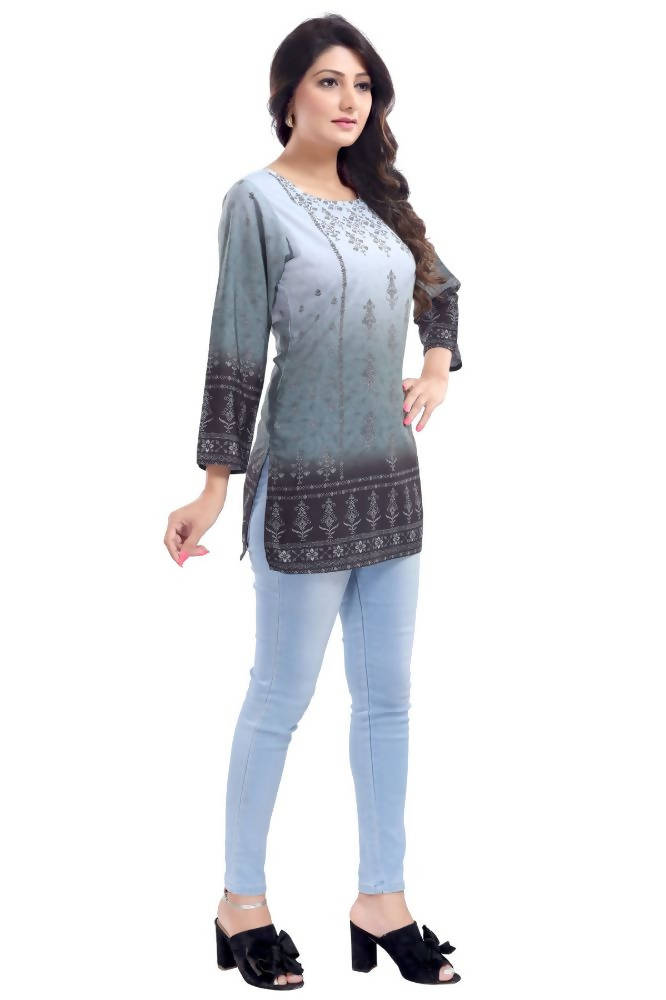 Snehal Creations Gray Color Faux Crepe Printed Short Kurti Tunic | Grocsy