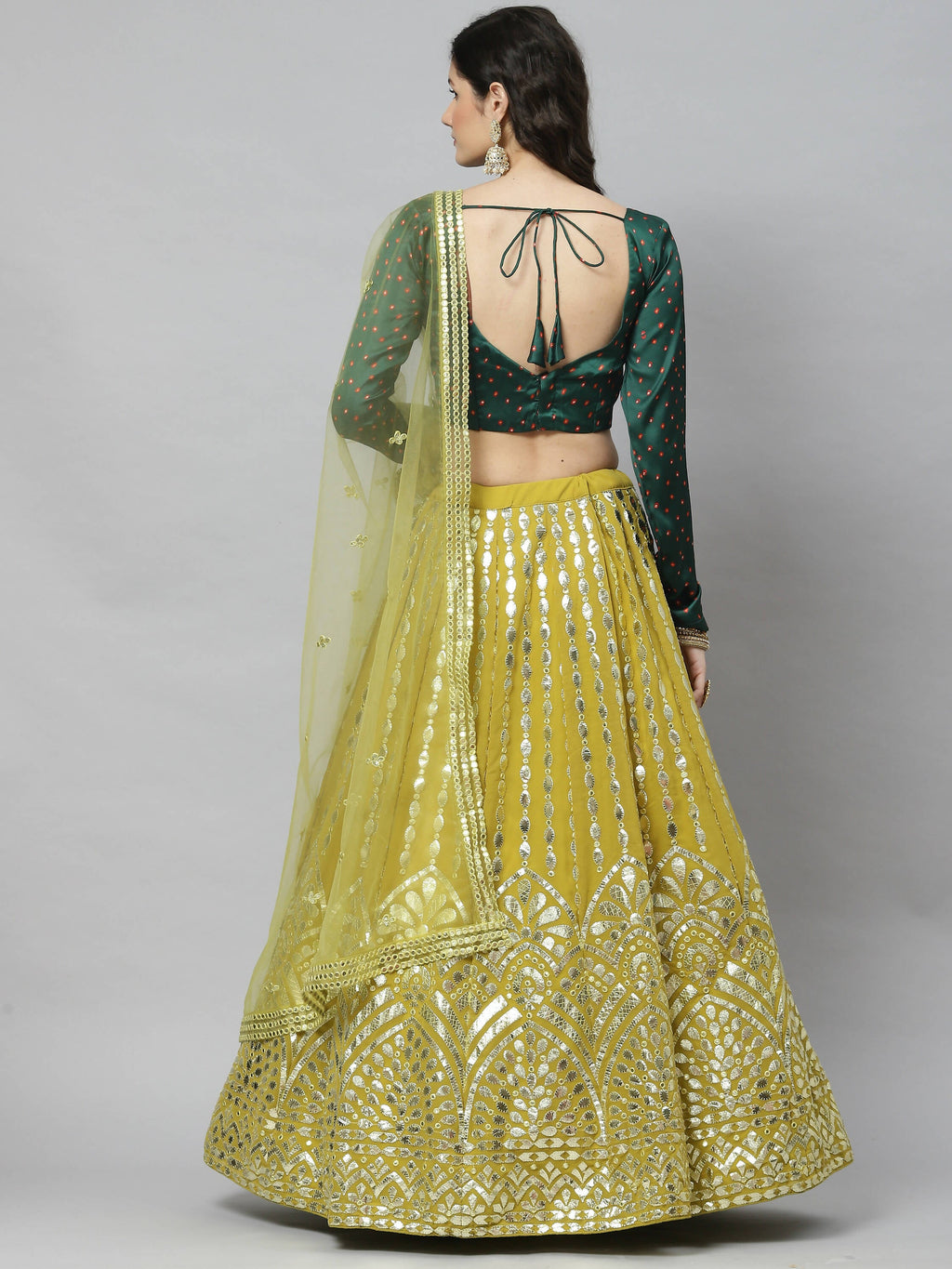 Fluorescent green Georgette Paper Mirror Embroidery Work Lehenga Choli with Dupatta - Jivika | Grocsy
