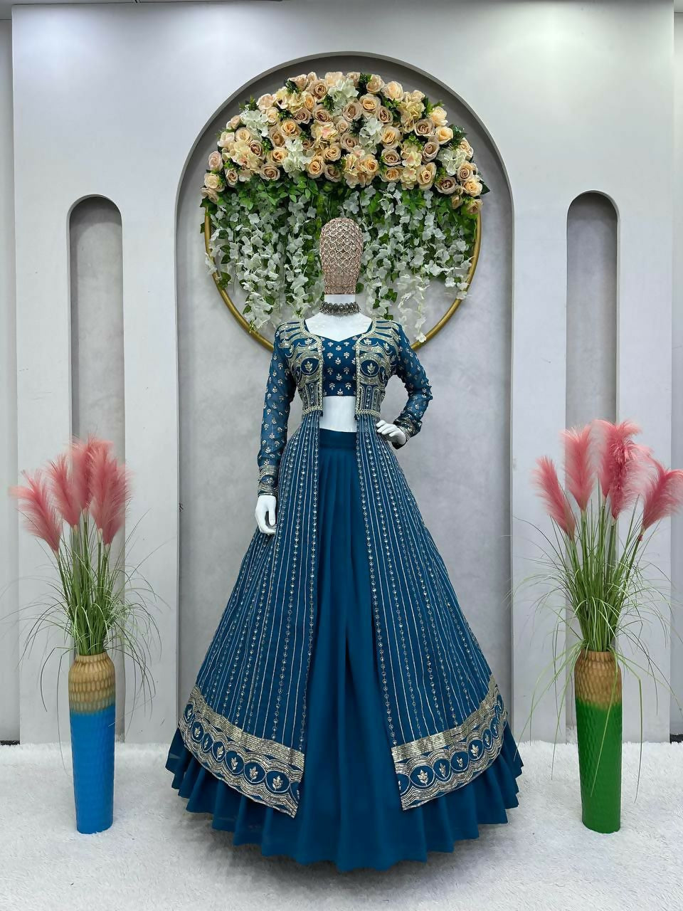 Jyoti Fashion Women's Teal Faux Georgette Sequins with Thread Embroidered Designer Lehenga Choli with Shrug Set | Grocsy