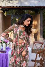 Vastranavya Mehendi Weightless Marble Printed & Pearl Lace Border Saree with Unstitched Blouse | Grocsy