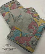 Grey Pure Linen Ethnic Motifs Saree with Unstitched Blouse - A2M | Grocsy