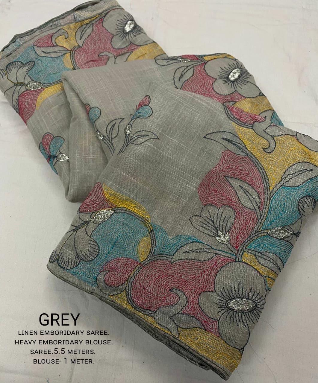 Grey Pure Linen Ethnic Motifs Saree with Unstitched Blouse - A2M | Grocsy