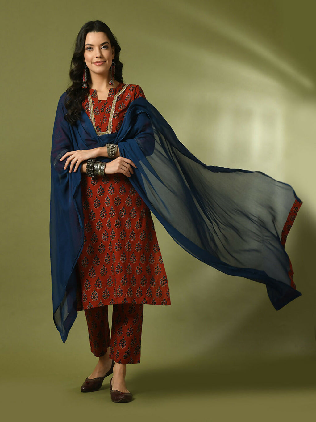 Myshka Women's Rust Printed Cotton Straight Party Kurta Set With Dupatta | Grocsy