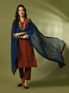 Myshka Women's Rust Printed Cotton Straight Party Kurta Set With Dupatta | Grocsy