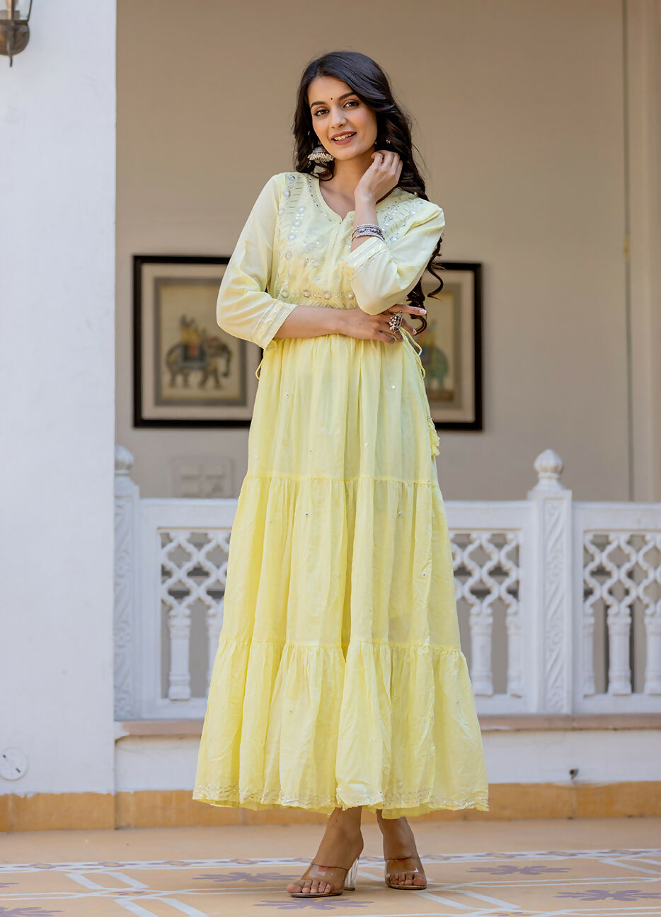 Kaajh Women's Yellow Embroidered Ethnic Dress | Grocsy