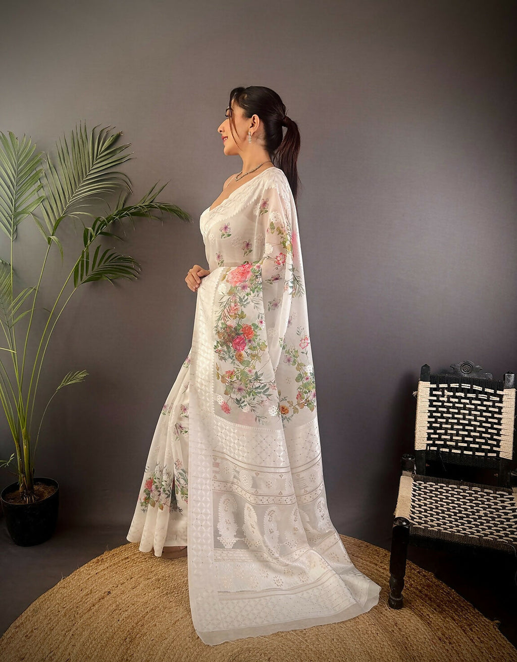 Joban Fashion White Floral Motifs Banarasi Silk Sarees | Grocsy