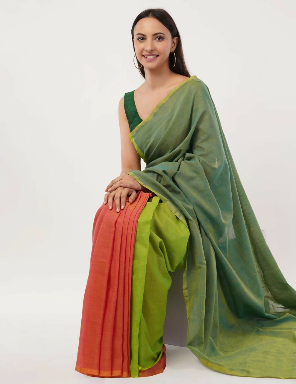 Exclusive Collection Beautiful Khadi Cotton Olive Green Orange Handloom Saree | Grocsy