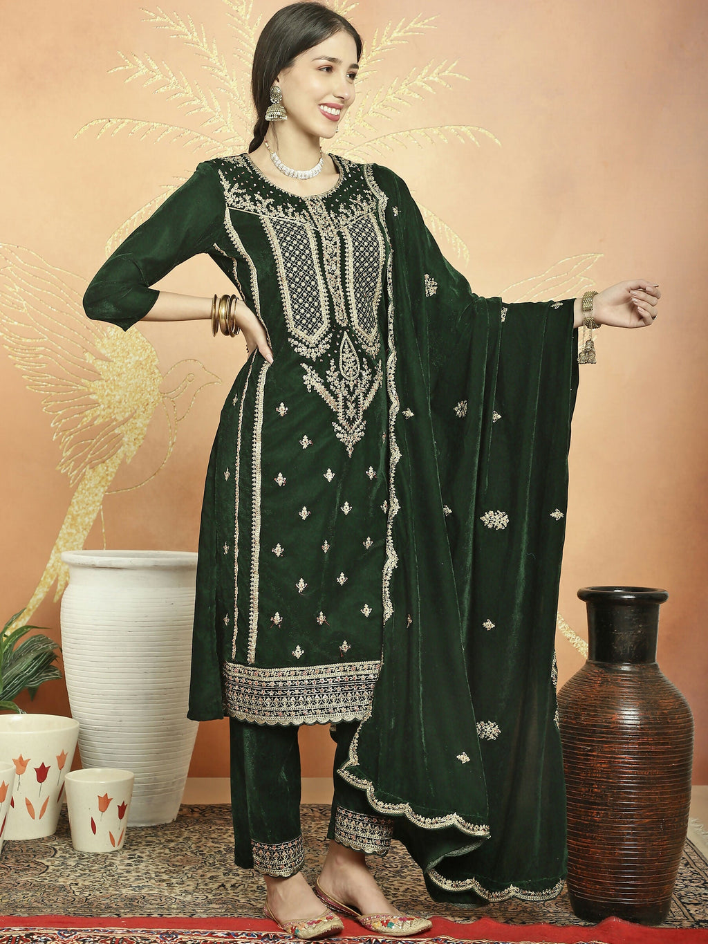 Jyoti Fashion Women's Green Velvet Cording with Resham Thread & Sequin Kurta with Trouser & Dupatta | Grocsy