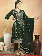Jyoti Fashion Women's Green Velvet Cording with Resham Thread & Sequin Kurta with Trouser & Dupatta | Grocsy