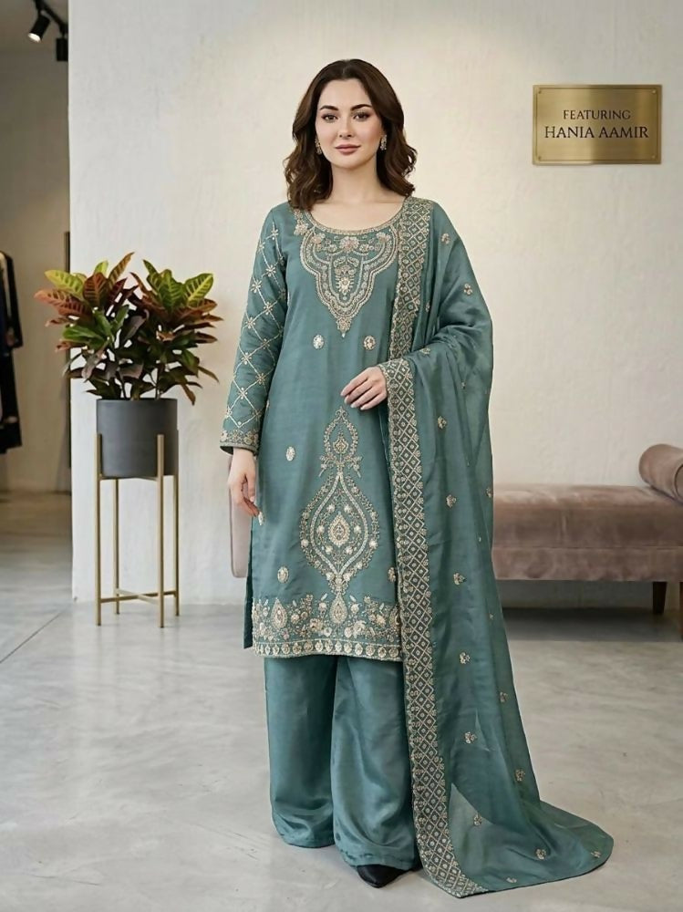 Teeya Creation Teal Color Gimmychu Silk Embroidery Work Wedding Wear Salwar Suit | Grocsy