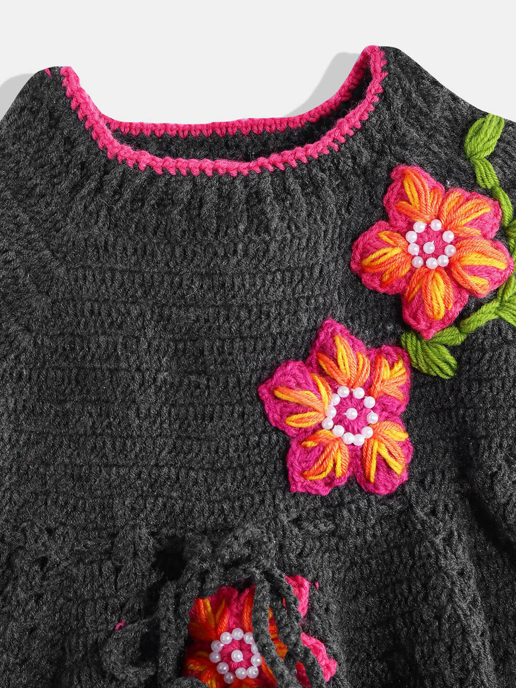 Chutput Kids Woollen Hand Knitted Full Sleeves Lilium Detail Dress For Baby Girls - Grey | Grocsy