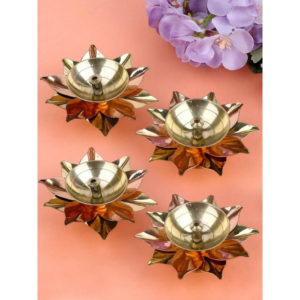 Tied Ribbons Gold-toned & Rose Gold-Toned 4 Pieces Antique Lotus Akhand Brass Diyas | Grocsy