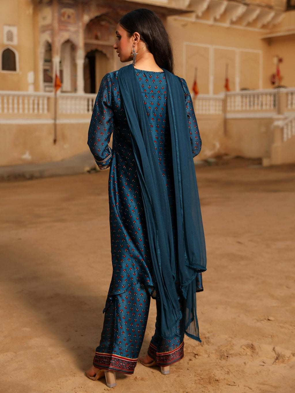 Juniper Women's The Swarn Blue Ethnic Motif Printed Satin Kurta Pant And Dupatta With Zari & Mirror Work | Grocsy