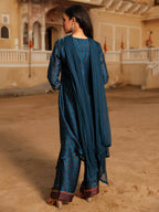 Juniper Women's The Swarn Blue Ethnic Motif Printed Satin Kurta Pant And Dupatta With Zari & Mirror Work | Grocsy