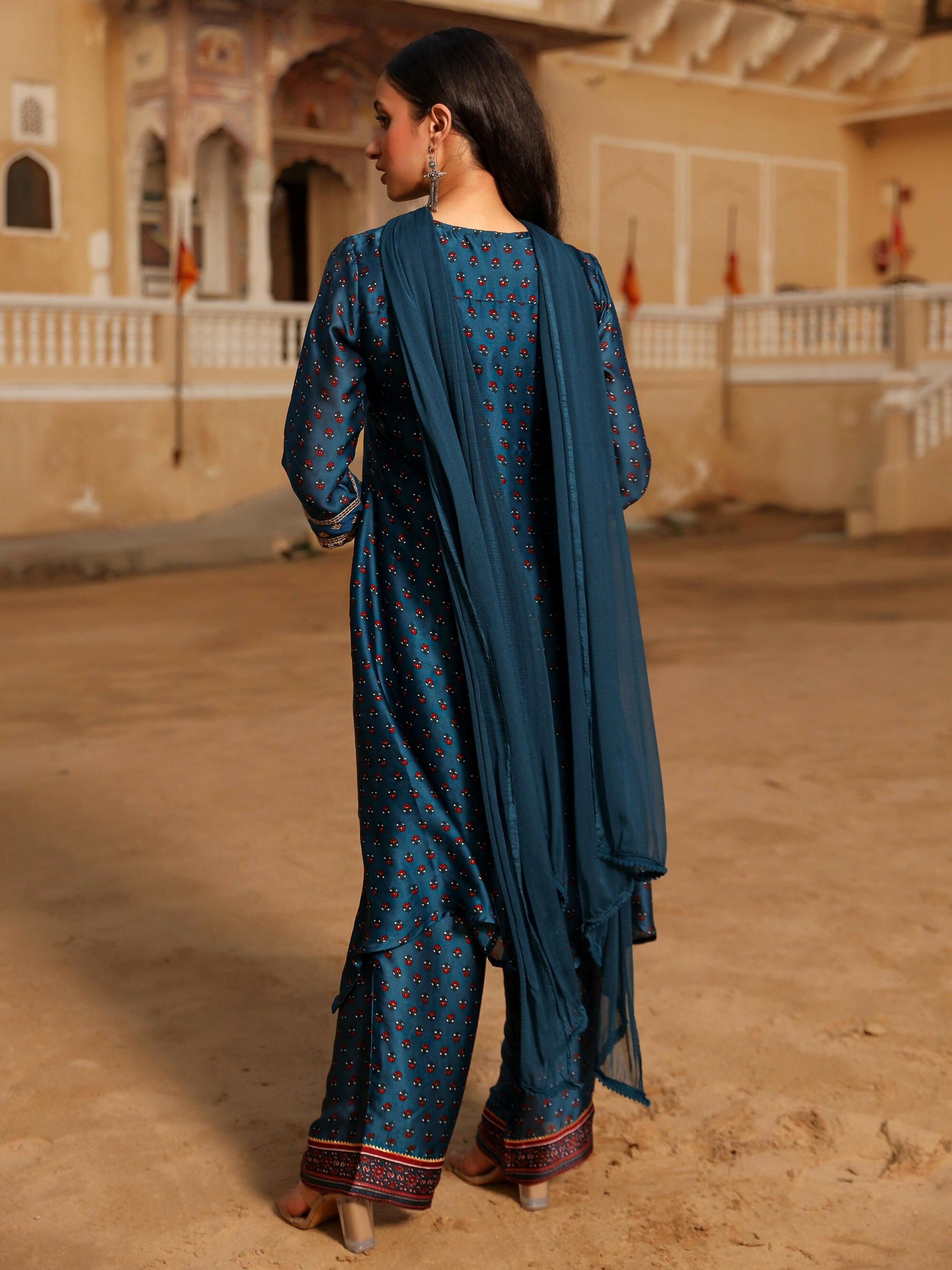 Juniper Women's The Swarn Blue Ethnic Motif Printed Satin Kurta Pant And Dupatta With Zari & Mirror Work | Grocsy
