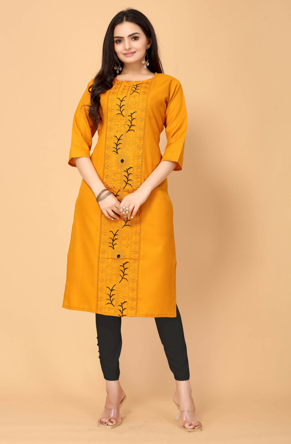 Musterd Cottan Slub Embroidery Kurti - Umi | Grocsy