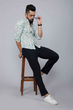 Miravan Men's Spread Collar White & Green Floral Print Slim Fit Shirt | Grocsy