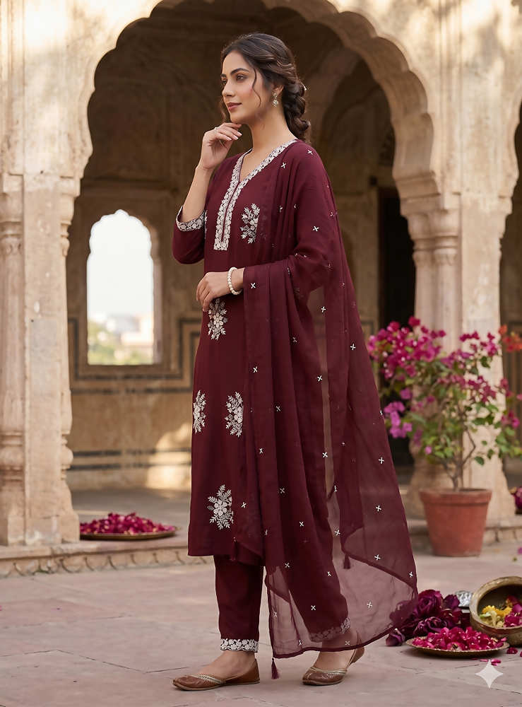 Teeya Creation Vibrant Dark-Maroon Embroidered Kurti with Pant and Dupatta Set | Grocsy