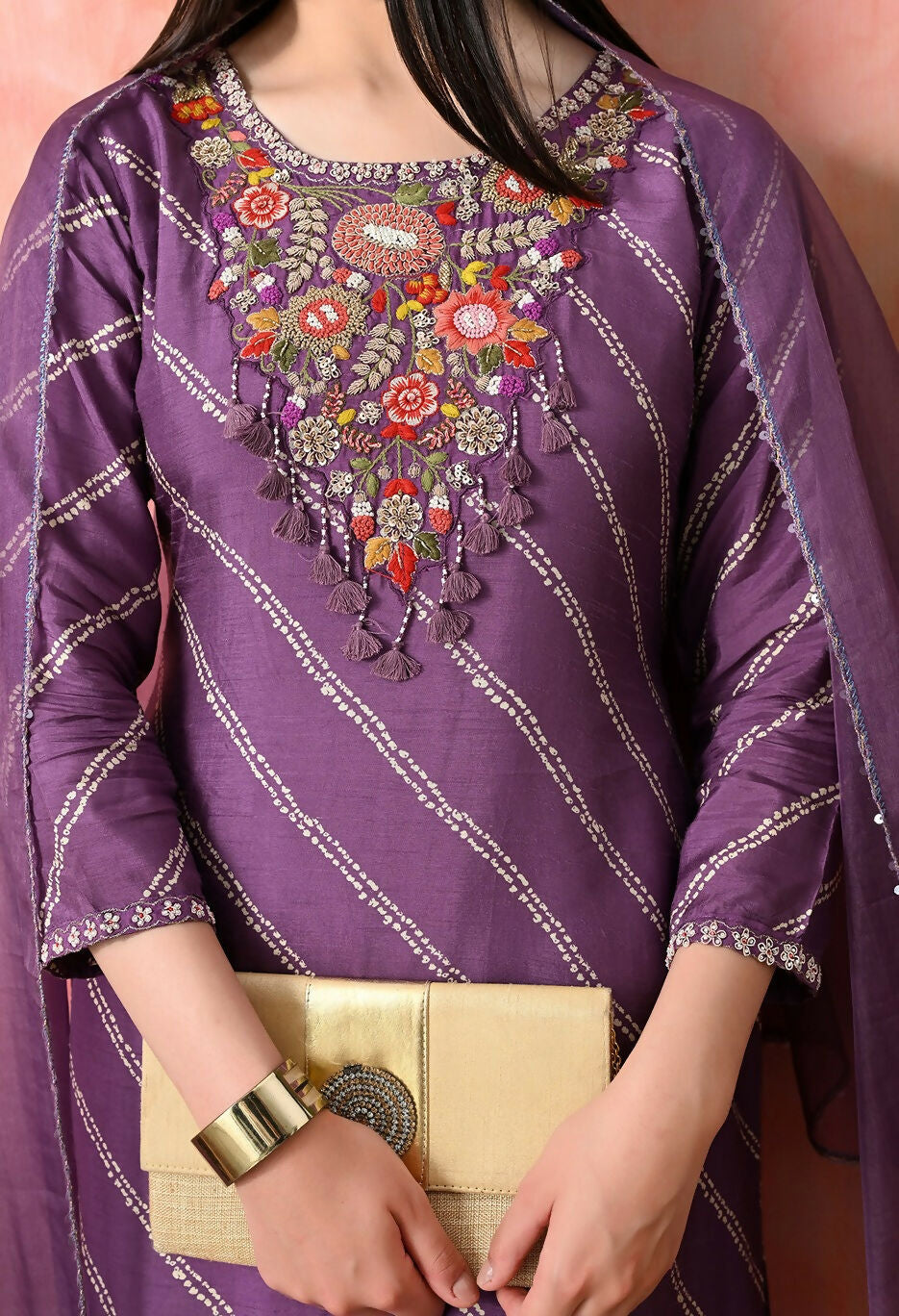 Joban Fashion Mauve Premium Pure Viscose Print Dola With Handwork Kurta Set | Grocsy