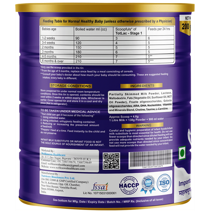 Wellknown Healthcare Totlac Plus Baby Milk Powder Stage 1, Upto 6 Months | Grocsy