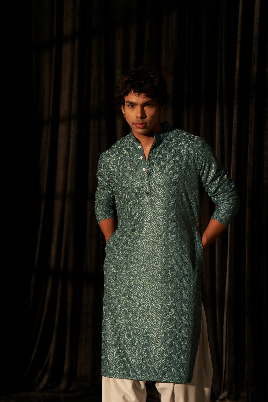 Cyan Blue Viscose Chikankari Embroidery Work Men's Kurta Set - Mahotsav | Grocsy