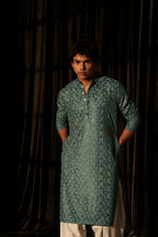 Cyan Blue Viscose Chikankari Embroidery Work Men's Kurta Set - Mahotsav | Grocsy