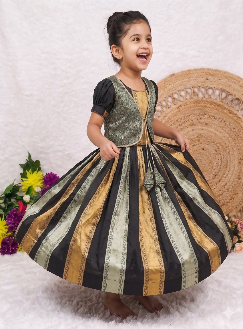 Teeya Creation New Kids Trendy Jet Black Traditional Langa Voni Lehenga Set With Zari Koti Jacket-Black | Grocsy