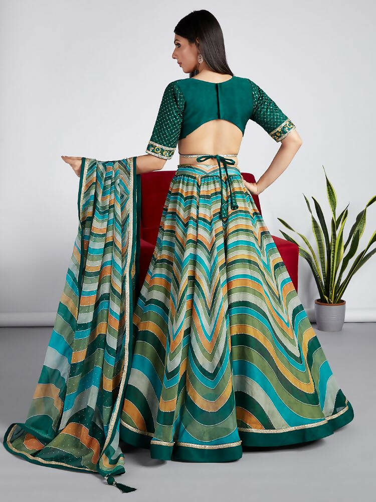 House of Panchhi Green Organza Siroski Stone Work Leheriya Print Lehenga Choli & Dupatta | Grocsy