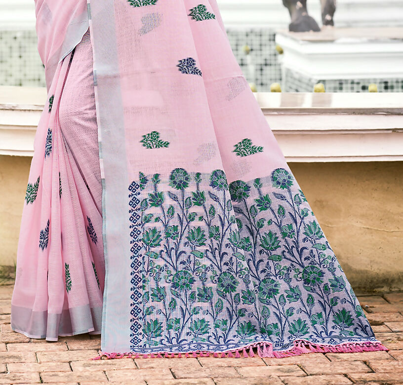 Sangam Prints Light Pink Linen Woven Work Traditional Saree | Grocsy