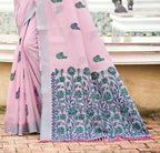 Sangam Prints Light Pink Linen Woven Work Traditional Saree | Grocsy
