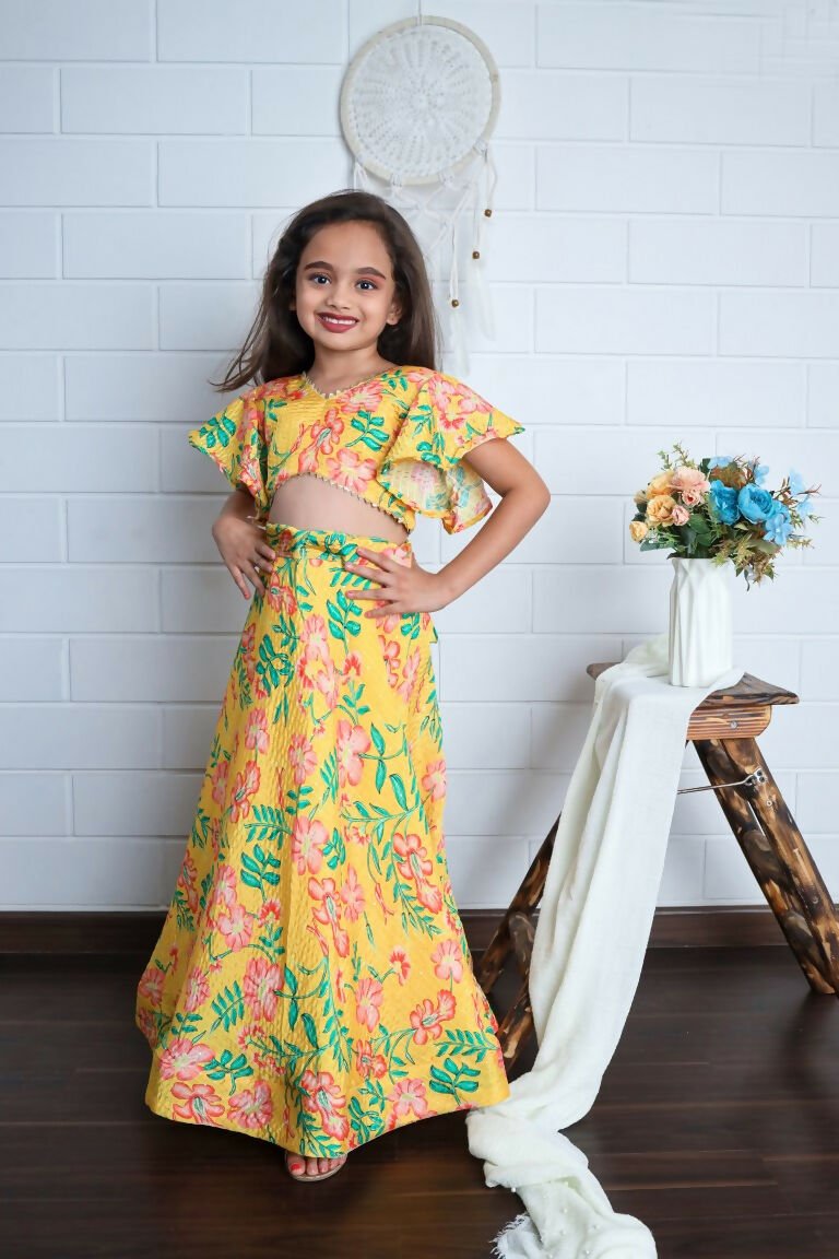 Aayaa Designer Printed Chinon Crochet Sequance Kids Lehenga Choli - Yellow | Grocsy