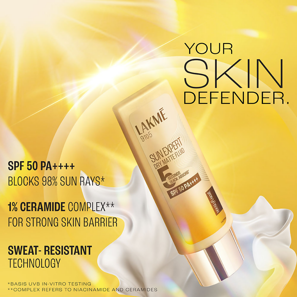 Lakme Sun Expert Dry Matte Fluid SPF 50 PA++++ Sunscreen With 1% Niacinamide & Ceramide | Grocsy