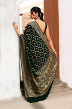 Joban Fashion Emerald Green Crepe Chiffon Pure Handloom Banarasi Silk Saree | Grocsy