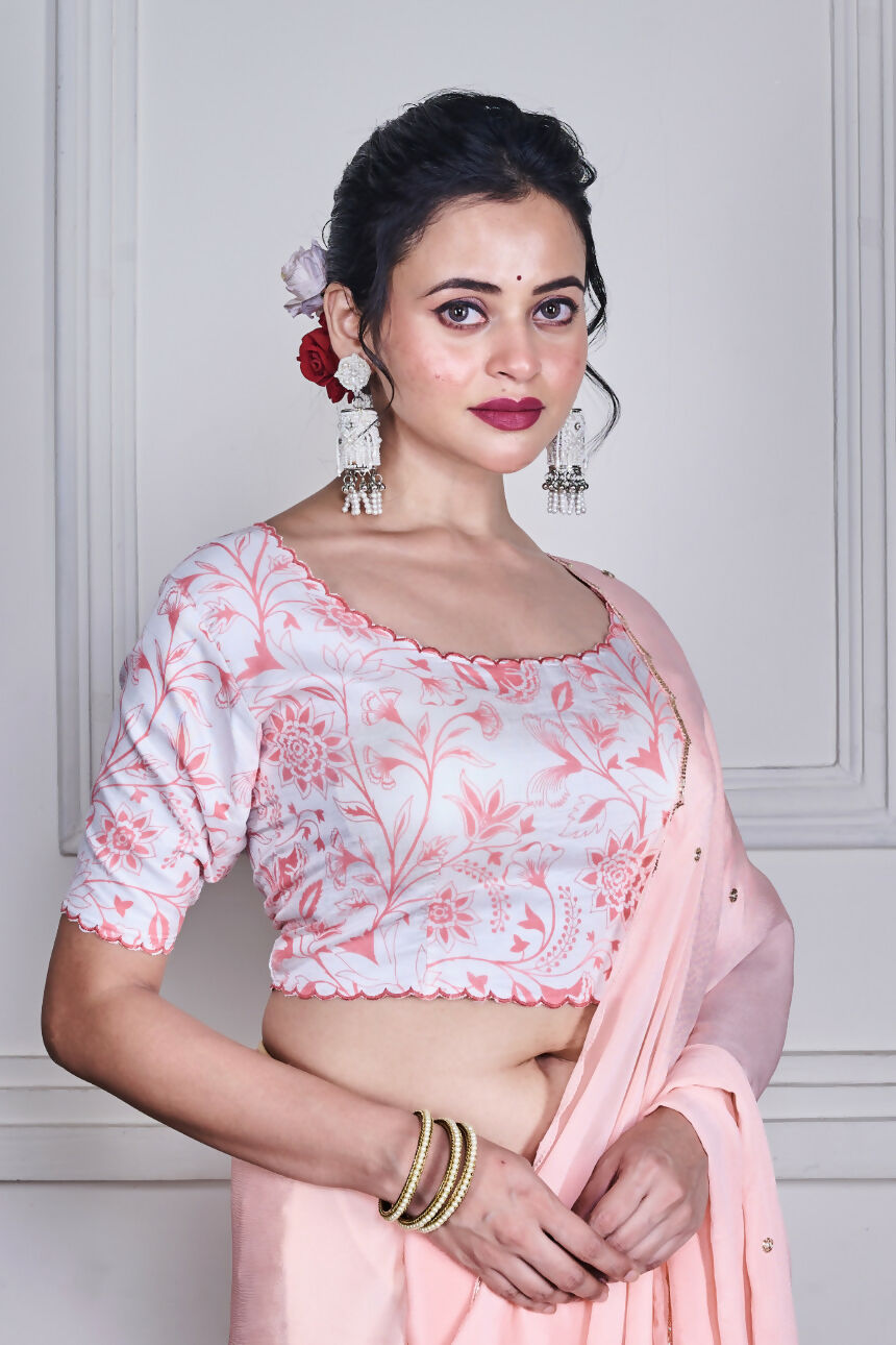Morchari Peach Chiffon Hand Embroidery Saree And Stitched Blouse | Grocsy