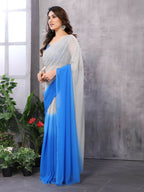 Partywear Designer White & Sky blue Georgette Fancy Saree - Satrangi | Grocsy