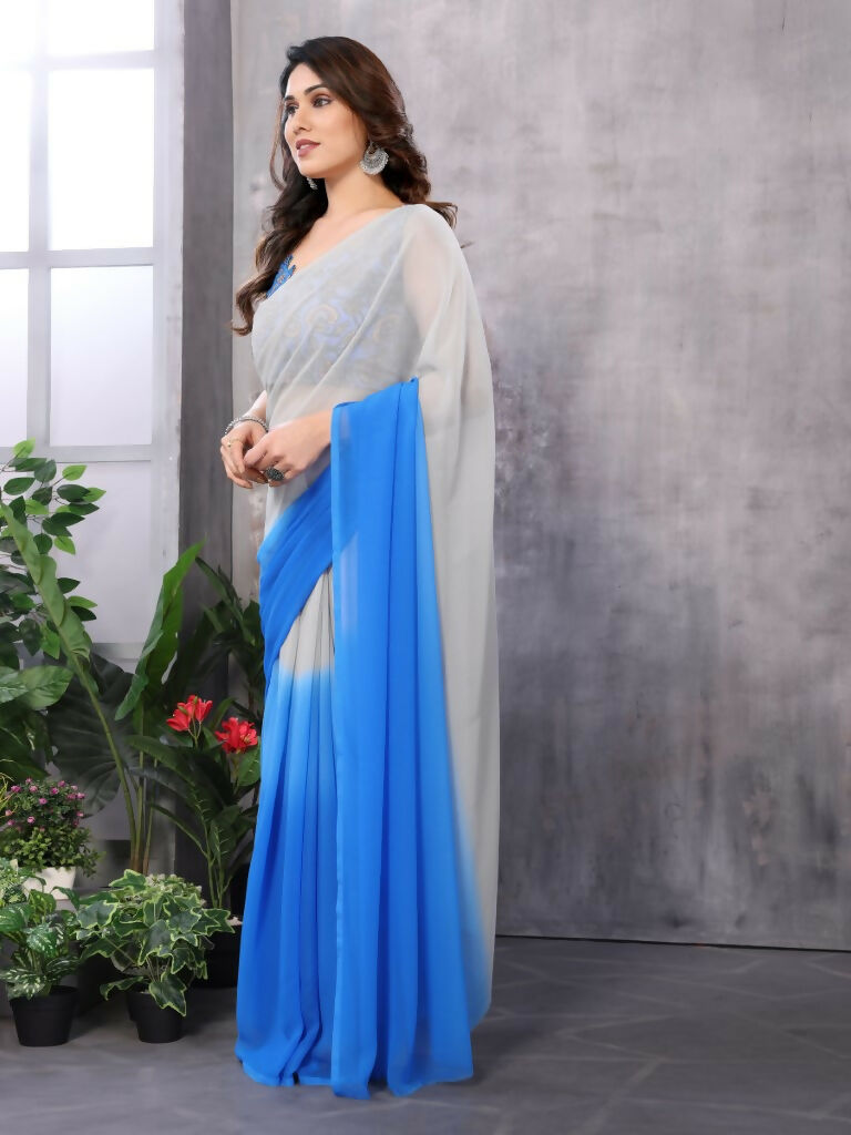 Partywear Designer White & Sky blue Georgette Fancy Saree - Satrangi | Grocsy