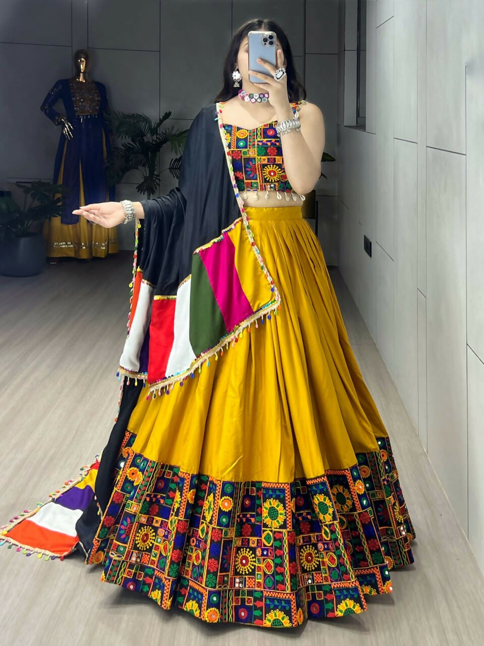 Yash Enterprise Mustard Rayon Cotton Embroidery Semi Stitched Navratri Chaniya Choli | Grocsy