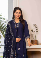Jaimini Women Cotton Printed V-Neck 3/4 Sleeves Calf Length Flared Kurta Pant And Dupatta Set | Grocsy