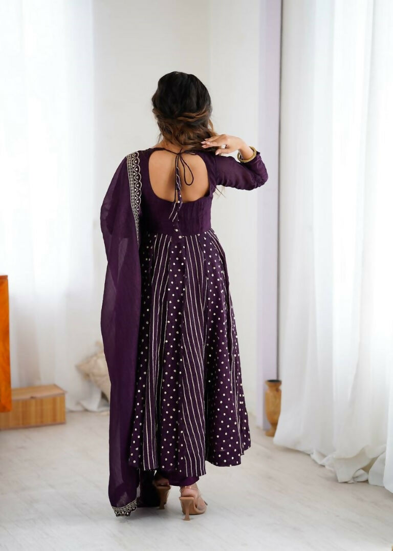 Teeya Creation Violet Color Heavy Crunchy Silk Embroidery Work Gown | Grocsy