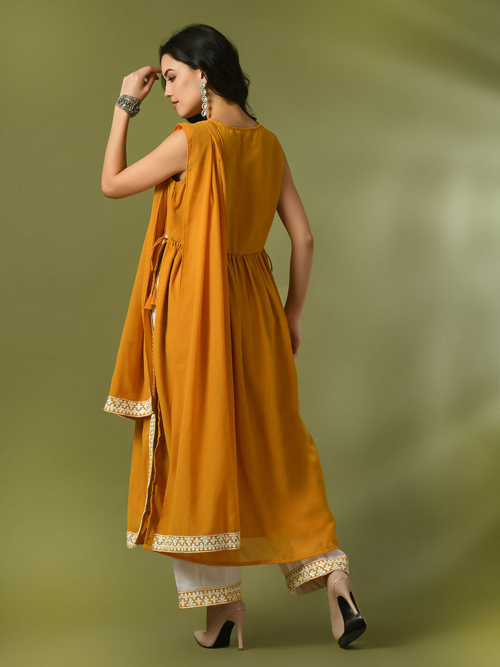Myshka Women's Yellow Solid Georgette Anarkali Party Kurta Set With Dupatta | Grocsy