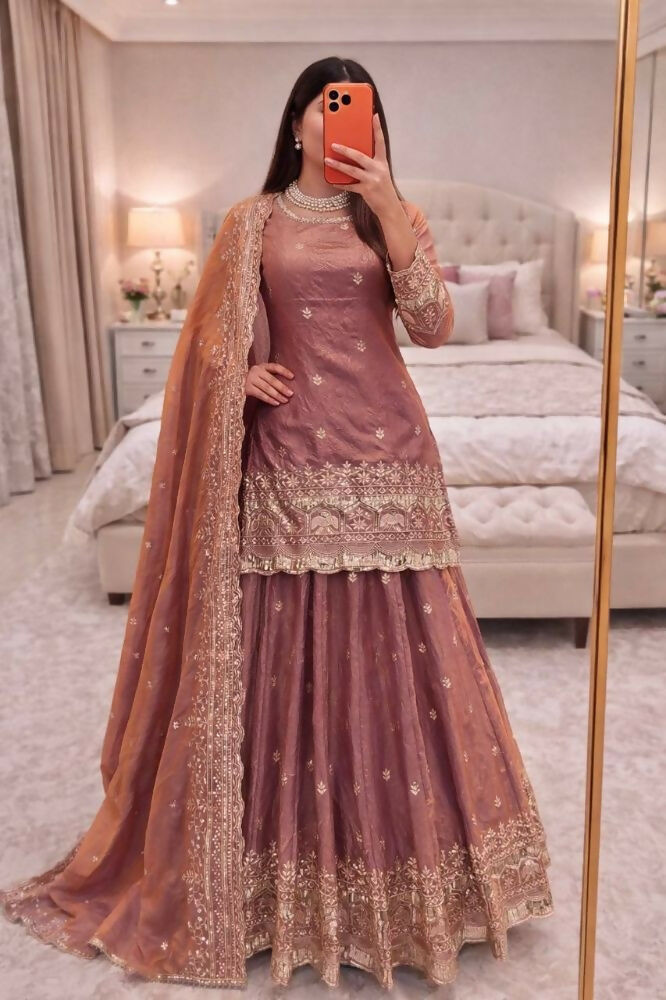 Teeya Creation Onion Color Fendy Satin Heavy Embroidery Work Wedding Wear Stitched Lehenga Choli | Grocsy