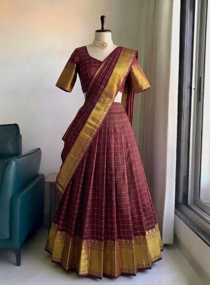 Teeya Creation Classic Maroon Checkered Silk Lehenga Choli with Heavy Zari Border | Grocsy