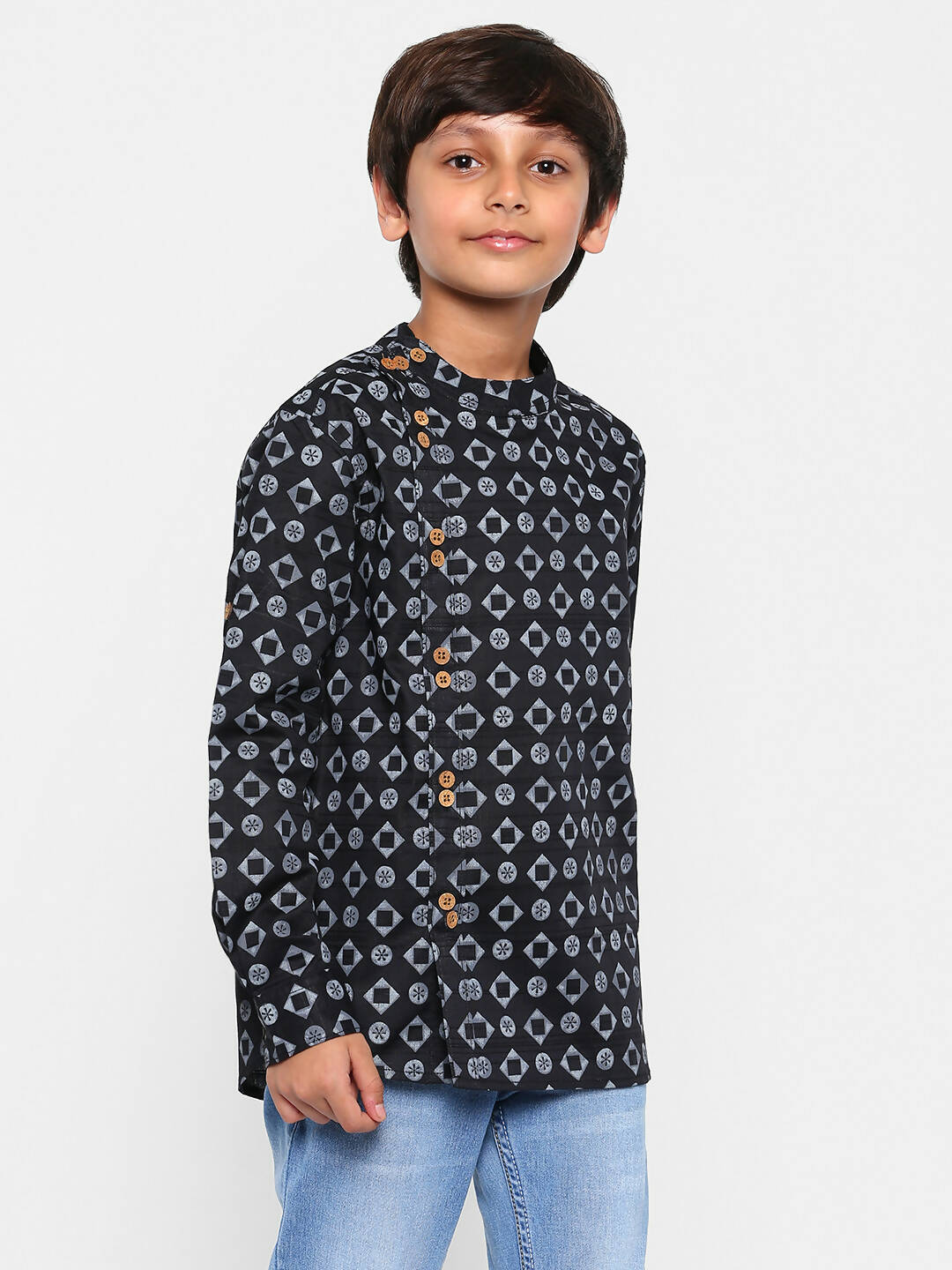 Manet Ethnic Full Sleeves Circle Printed Shirt - Black | Grocsy