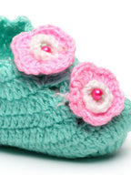 Chutput Kids Woollen Hand Knitted Flower Detailed Booties - Green | Grocsy