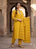 Teeya Creation Mustard Yellow Embroidered Silk Kurta Pant Set With Dupatta | Grocsy